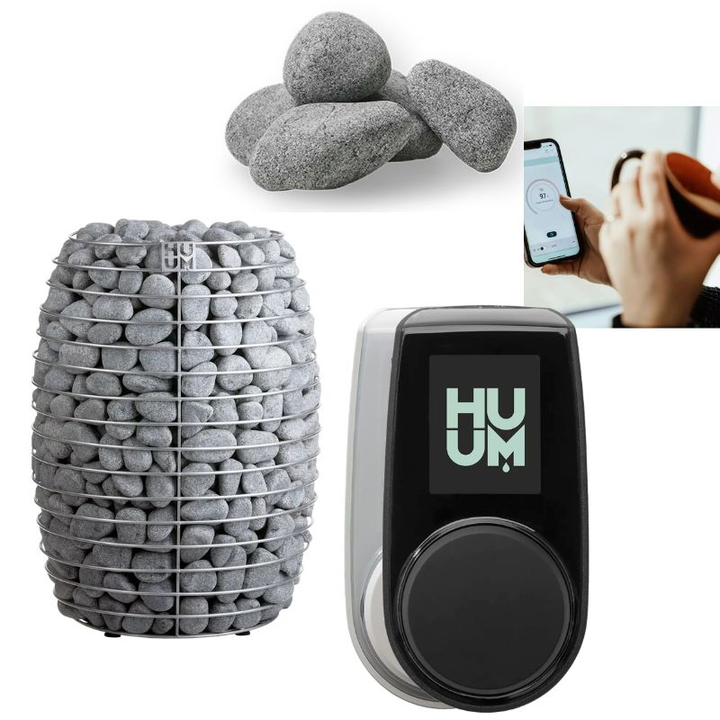 Komplettset des HUUM HIVE Saunaofens mit 55 kg Saunasteinen, HUUM UKU WLAN-Steuerung und mobiler App-Nutzung – modernes Design für stilvolle Saunalösungen.